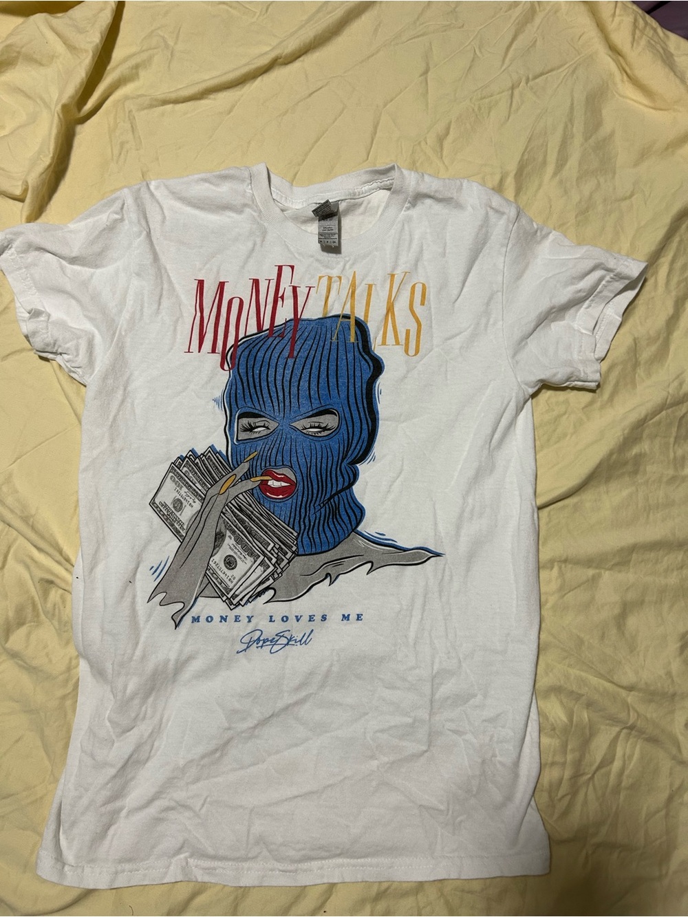 Money Talks Graphic Tee - White with Blue Mask Print